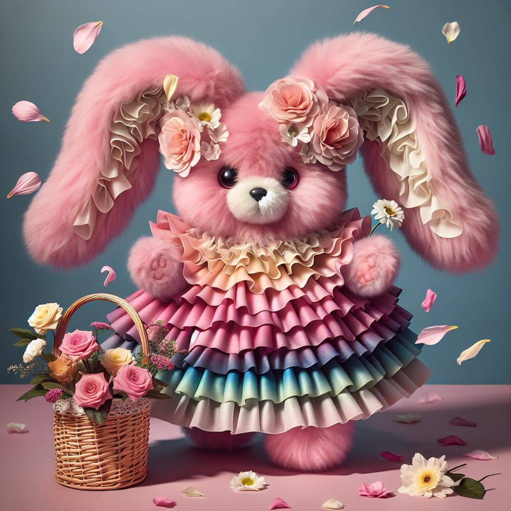 Pink Flower Bear-Bunny in Rainbow Dress