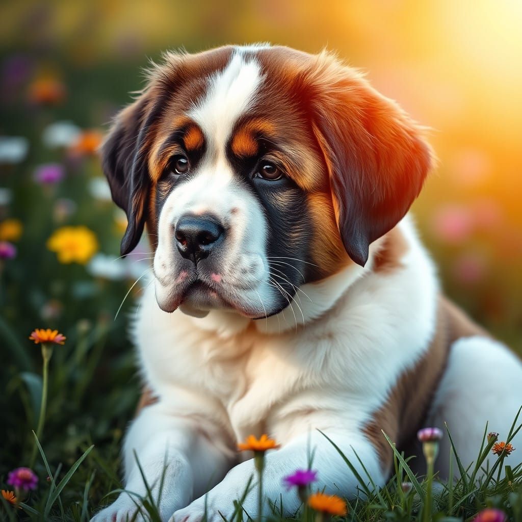 Vibrant Saint Bernard Puppy in a Floral Meadow