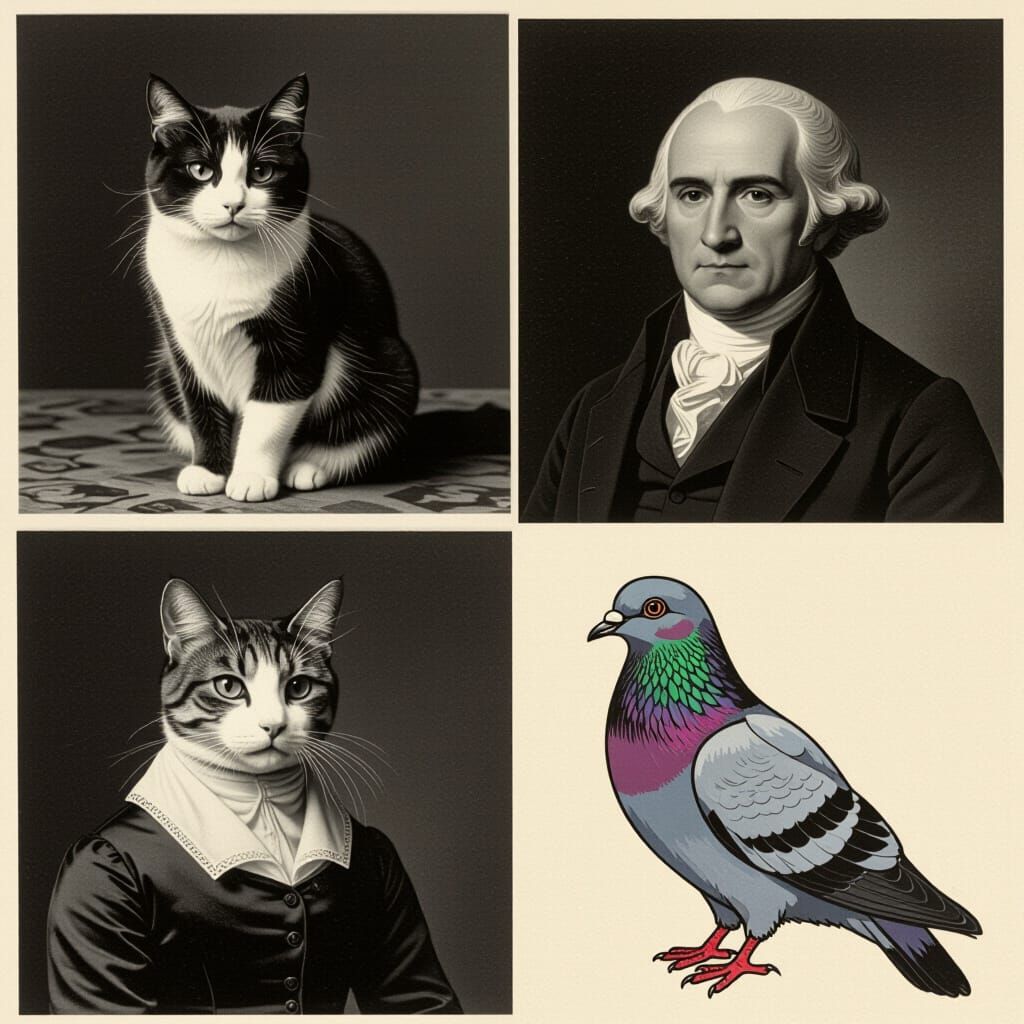 Cat-Pigeon and Pigeon-Cat in Pop Art Style