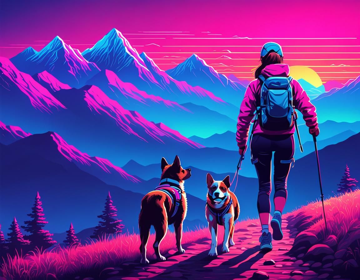 Sunrise Hike with Dog in Synthwave Style