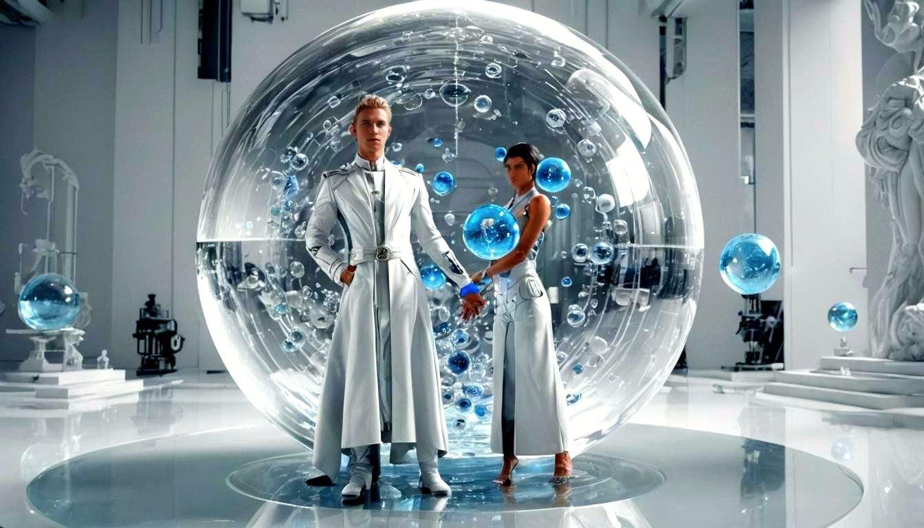 Futuristic Researcher in White Attire with Sacred Geometry S...