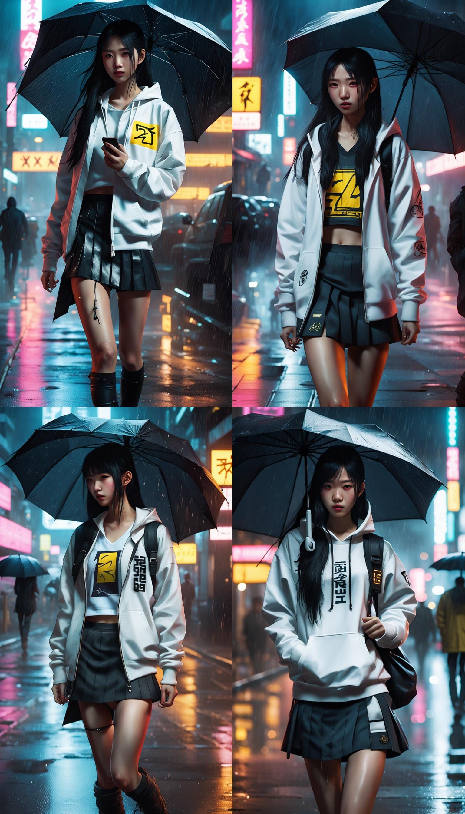 Rainy Night Stroll: Cyberpunk Girl with Umbrella