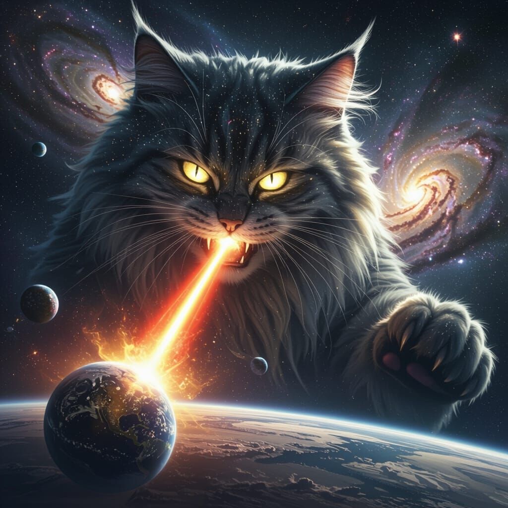 Colossal Cosmic Cat Unleashes Laser on Earth, Galaxies Swirl...