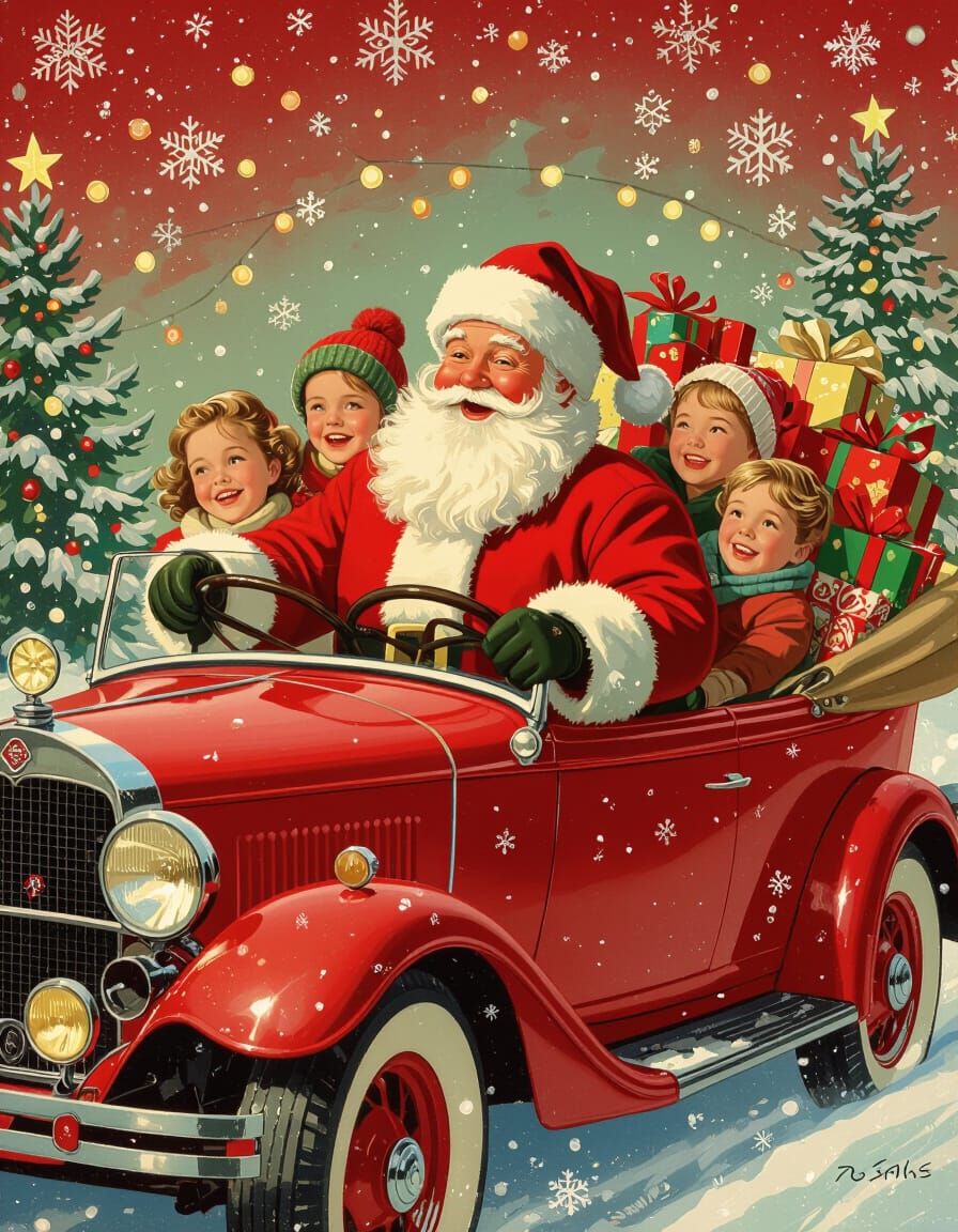 Festive Santa Claus Driving Christmas Car