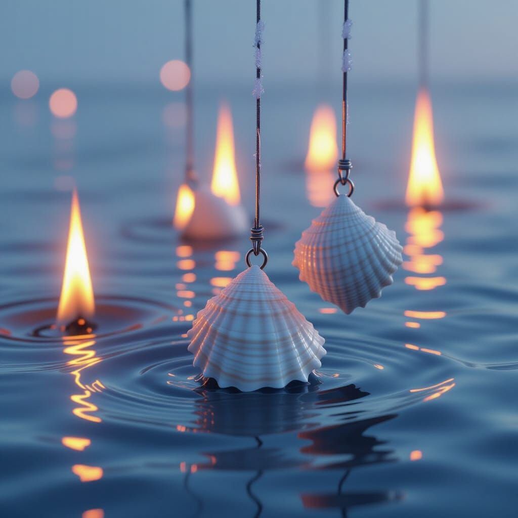 Icy Seashell Wind Chimes with Flickering Flames