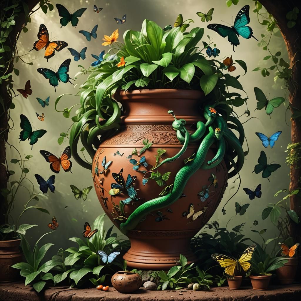 Green Snake and Butterflies Around Clay Pot