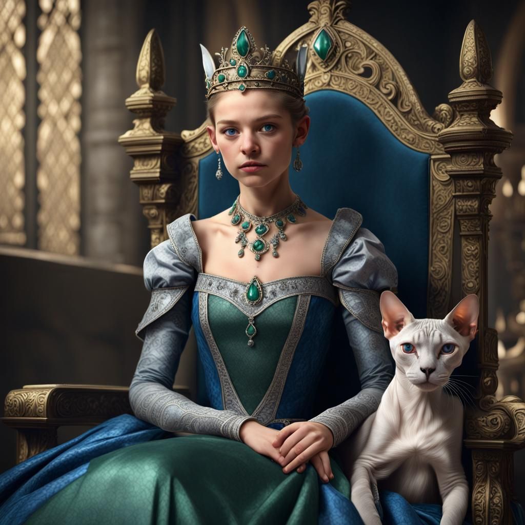 Medieval Princess with Sphynx Cat, Fantasy Concept Art