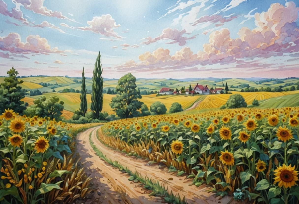 Whimsical Rural Landscape with Sunflowers in Gouache Waterco...