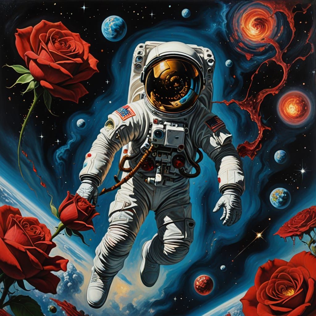Astronaut with Rose in Cosmic Nebula