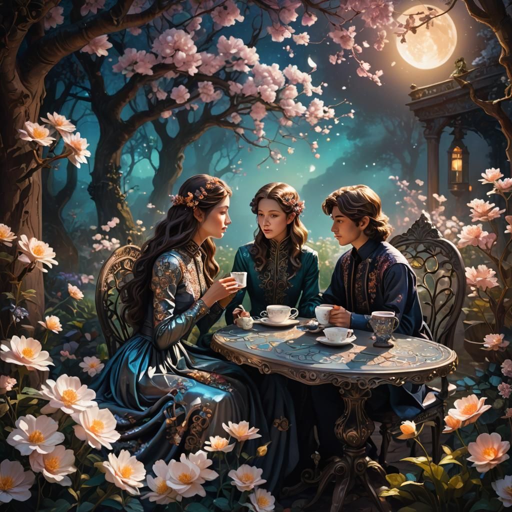 Ethereal Moonlit Garden Scene in Whimsical Fantasy Style