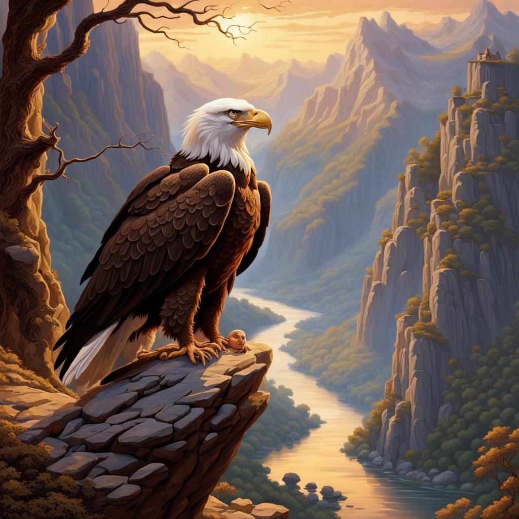 Majestic Eagle Overlooking Mountain River, Fantasy Art