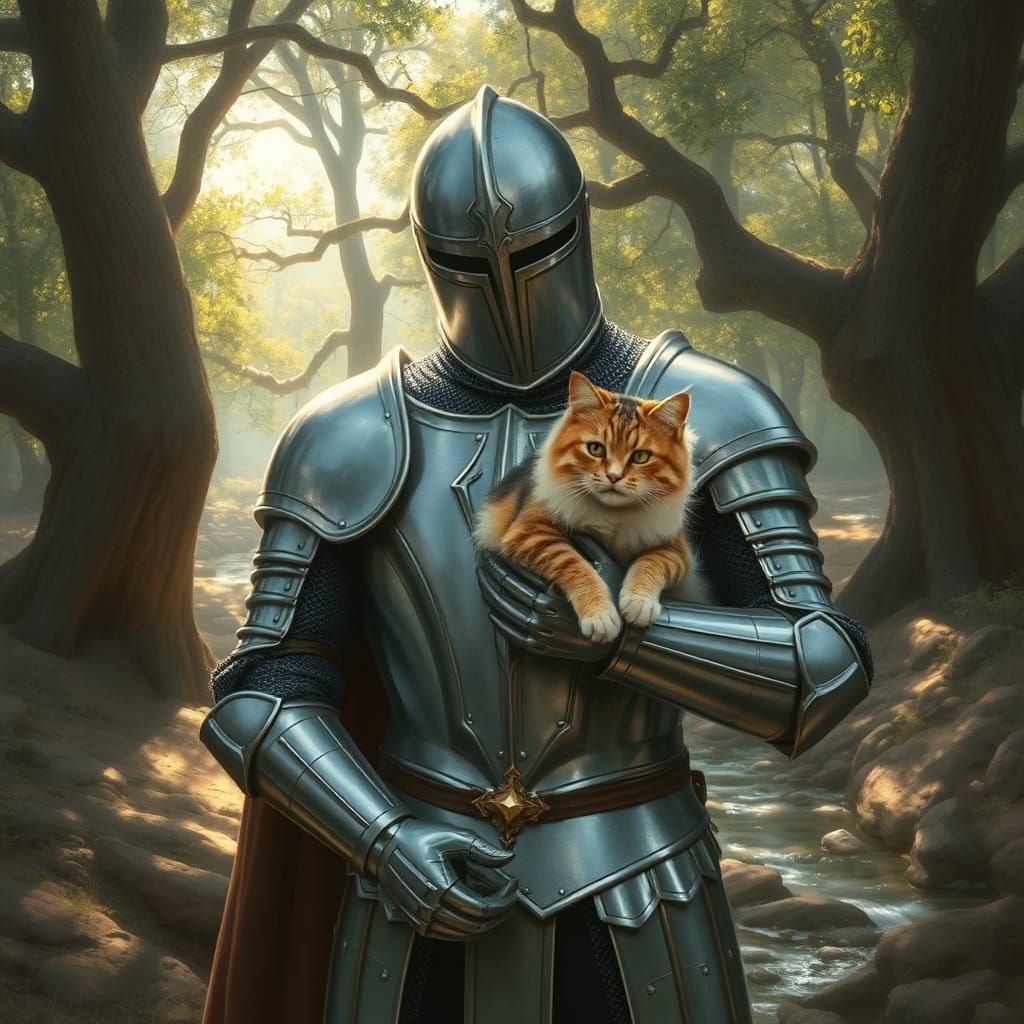 Knight with Calico Cat in Sun-Dappled Forest