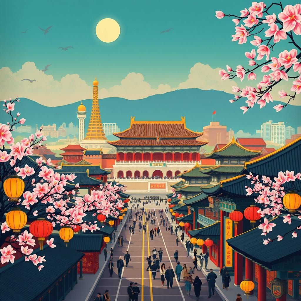 Beijing China Vintage Travel Poster in Art Deco Style