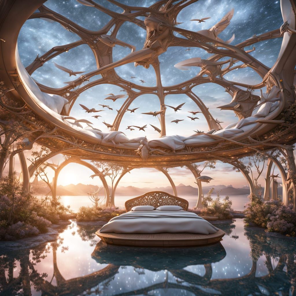 Surreal Spacecraft Bed in a Glass Room with Water and Lotuse...
