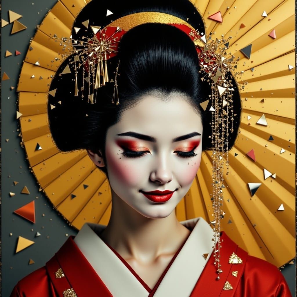 Ethereal Geisha in Ink-Washed Darkness, Classical Coiffure a...