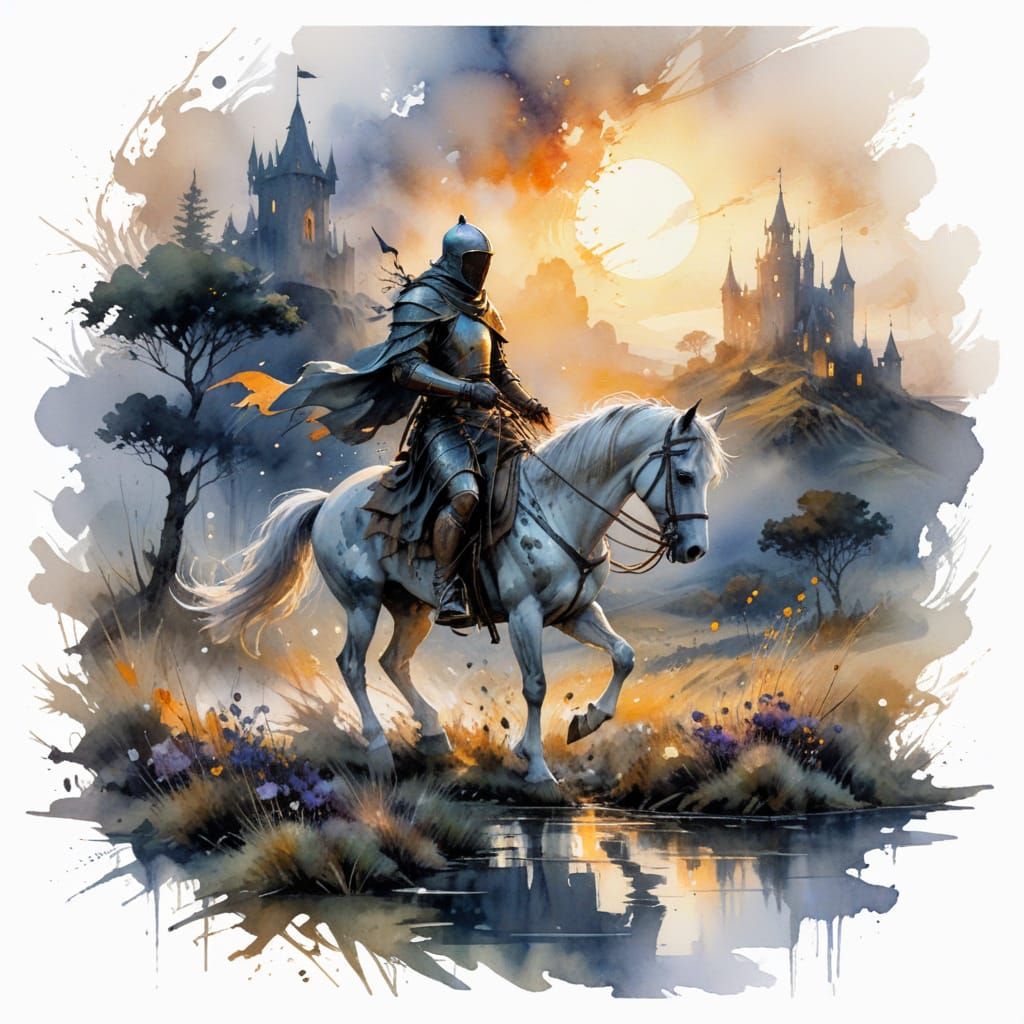Medieval Knight Rides Across Windswept Moor in Eerie Fog
