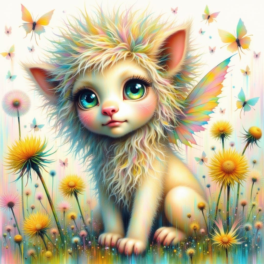 Whimsical Chibi Lion in a Vintage Dandelion Wonderland