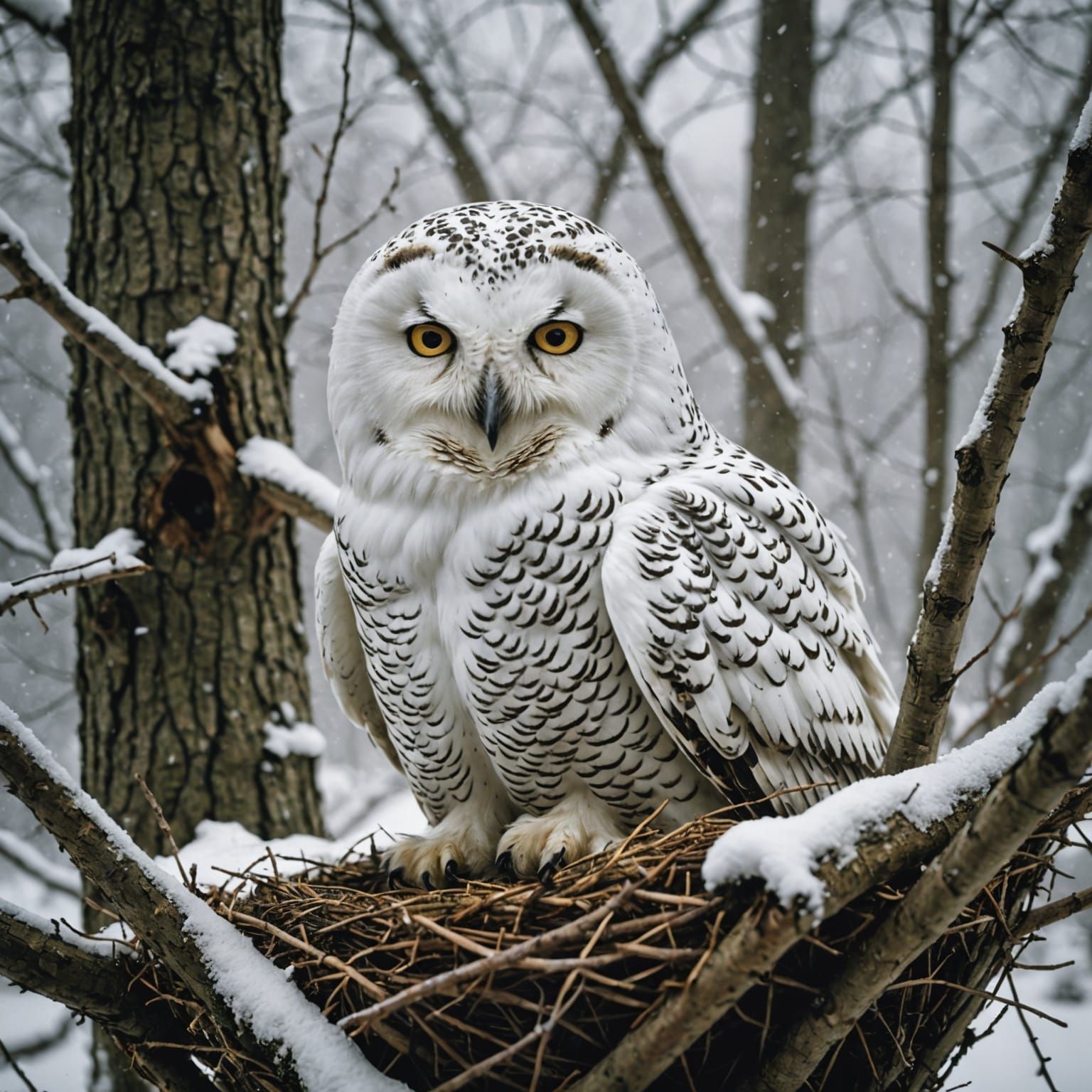 Snow Owl Watches Winter Snowfall: Wildlife Masterpiece