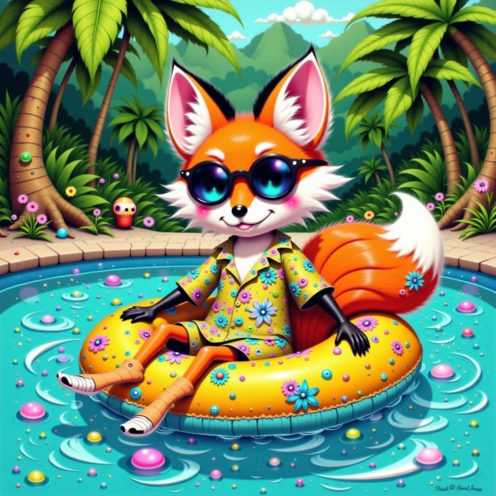 Fox Lounging on Floaty in Takashi Murakami Style