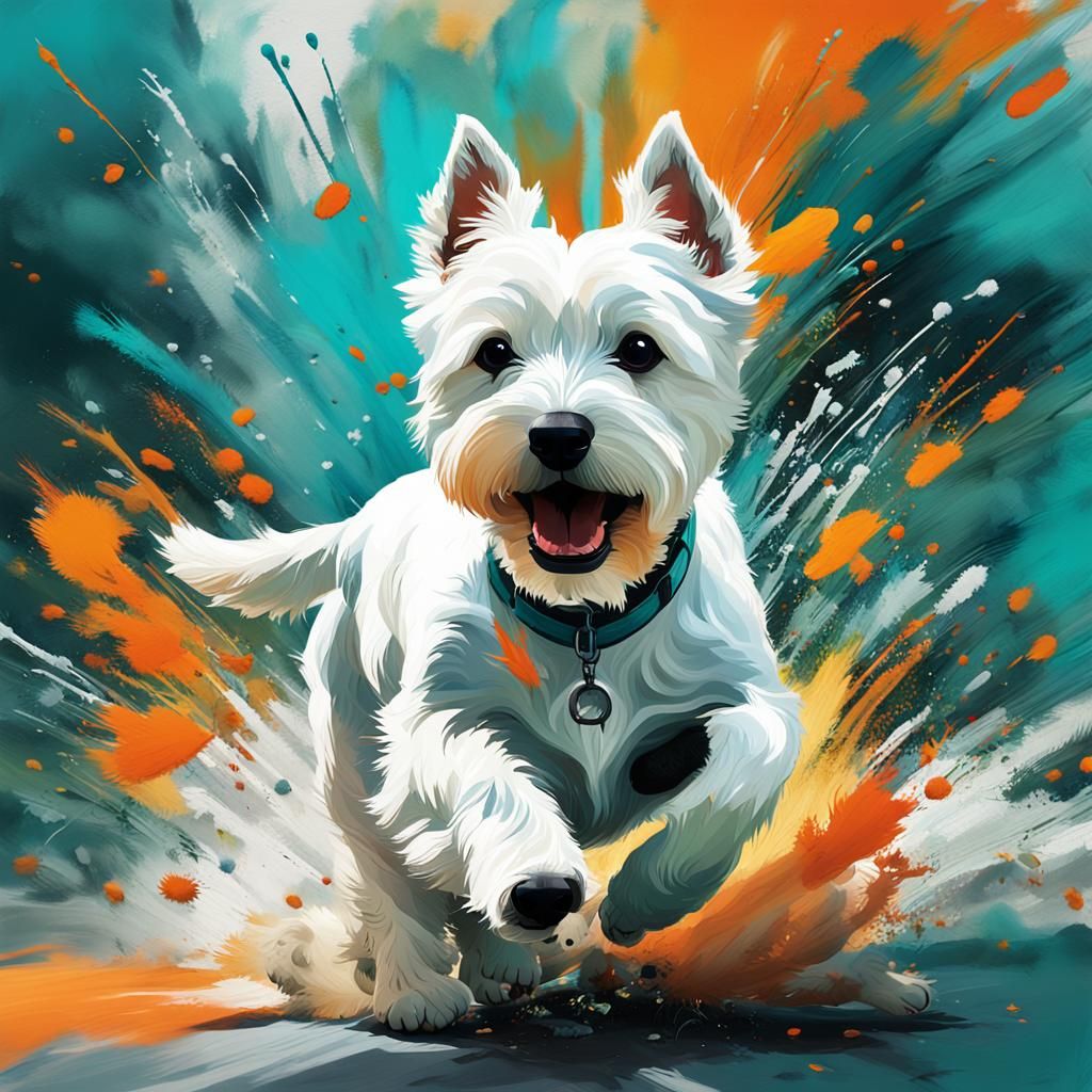 Energetic Westie Running in Abstract Expressionist Style