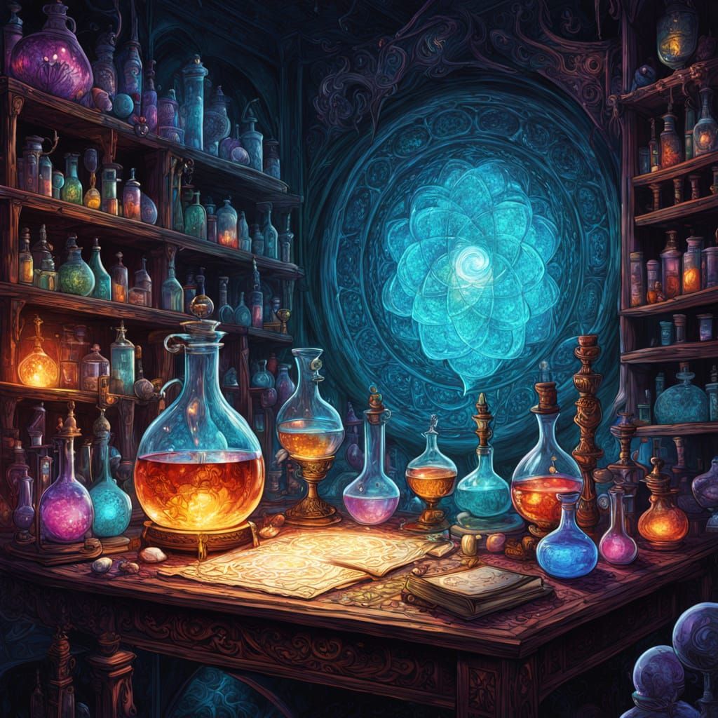 Mage Prepares Curious Brews in Alchemist's Lab