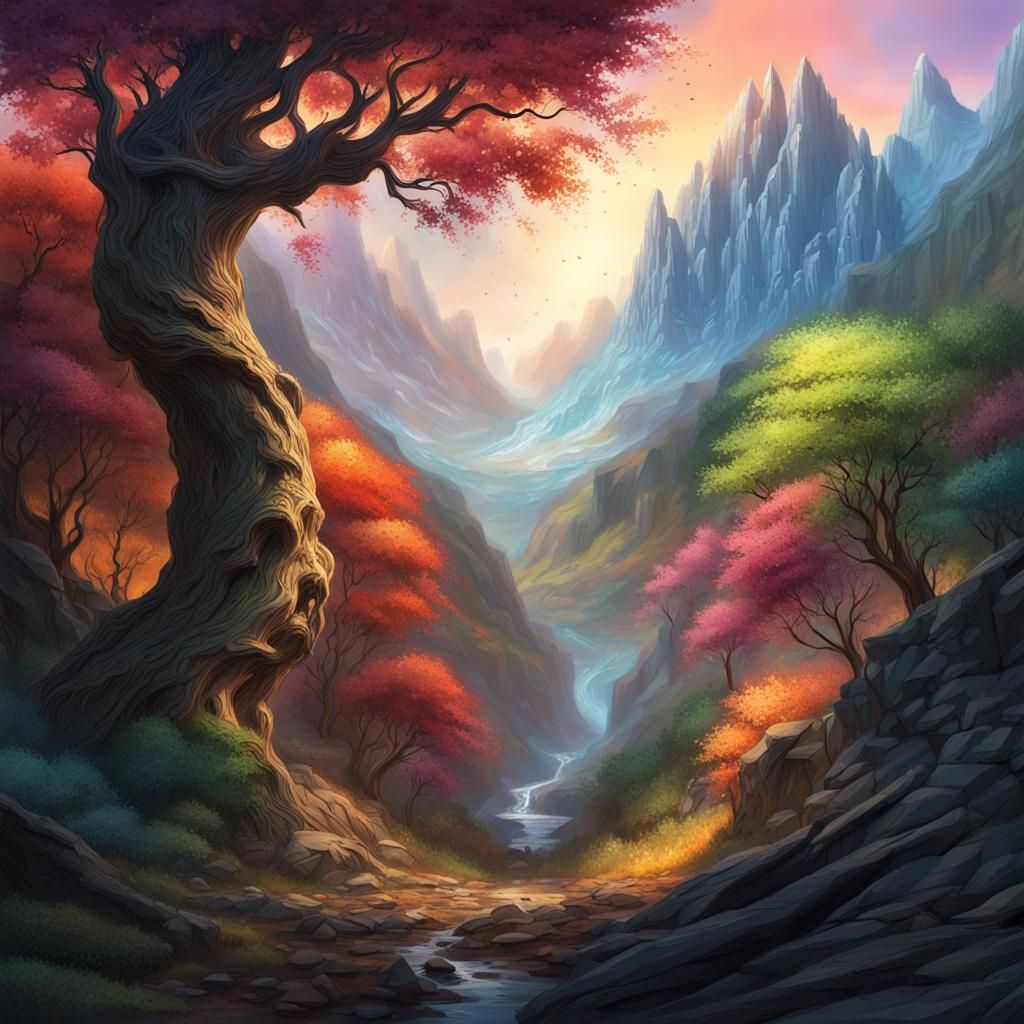 Dramatic Hyperrealistic Fantasy Forest and Mountain Landscap...