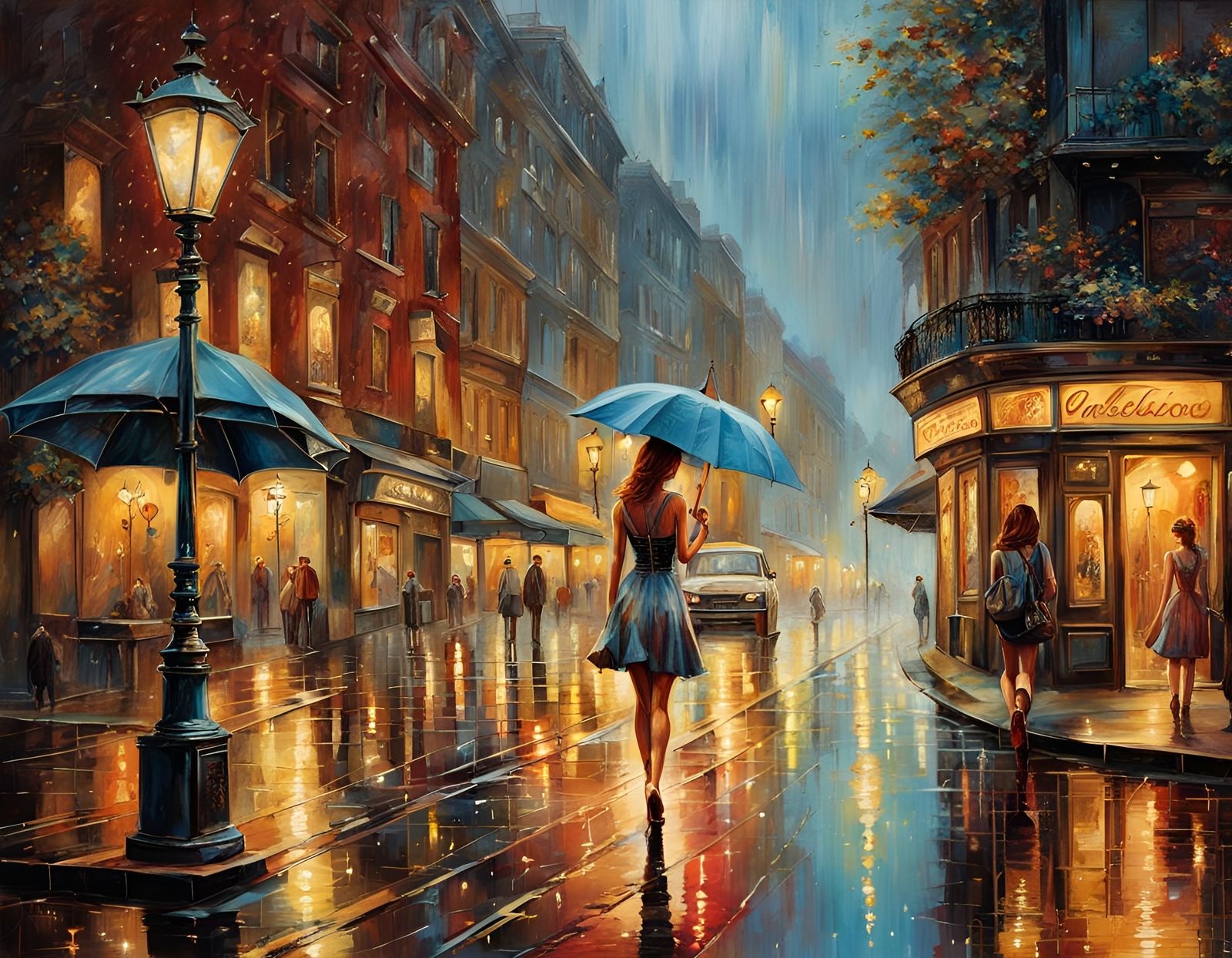 Rainy City Street Scene with Woman and Umbrella