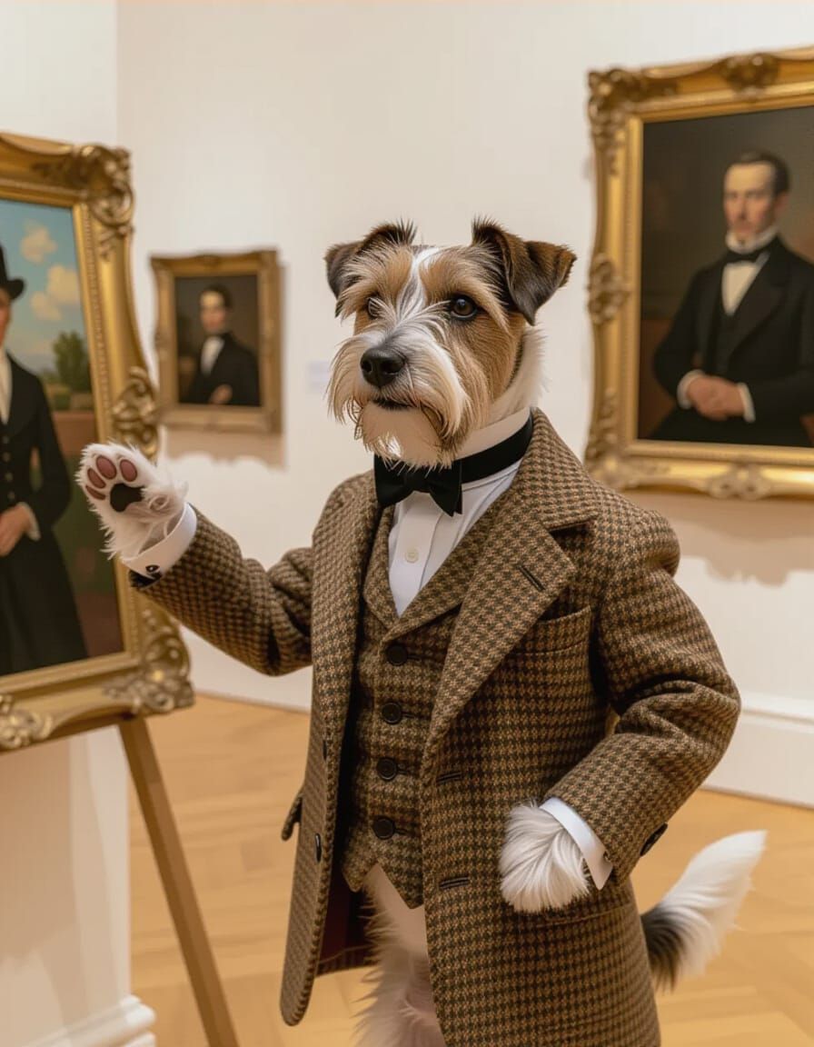 Terrier Art Critic in Tweed Jacket, Vintage Gallery Setting