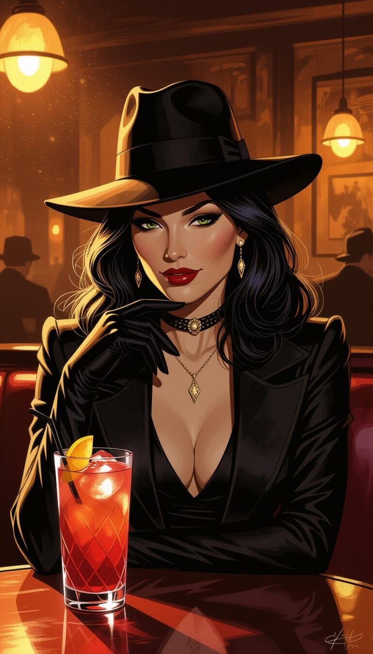 Female Werewolf Enjoys Cocktail in Art Deco Cafe