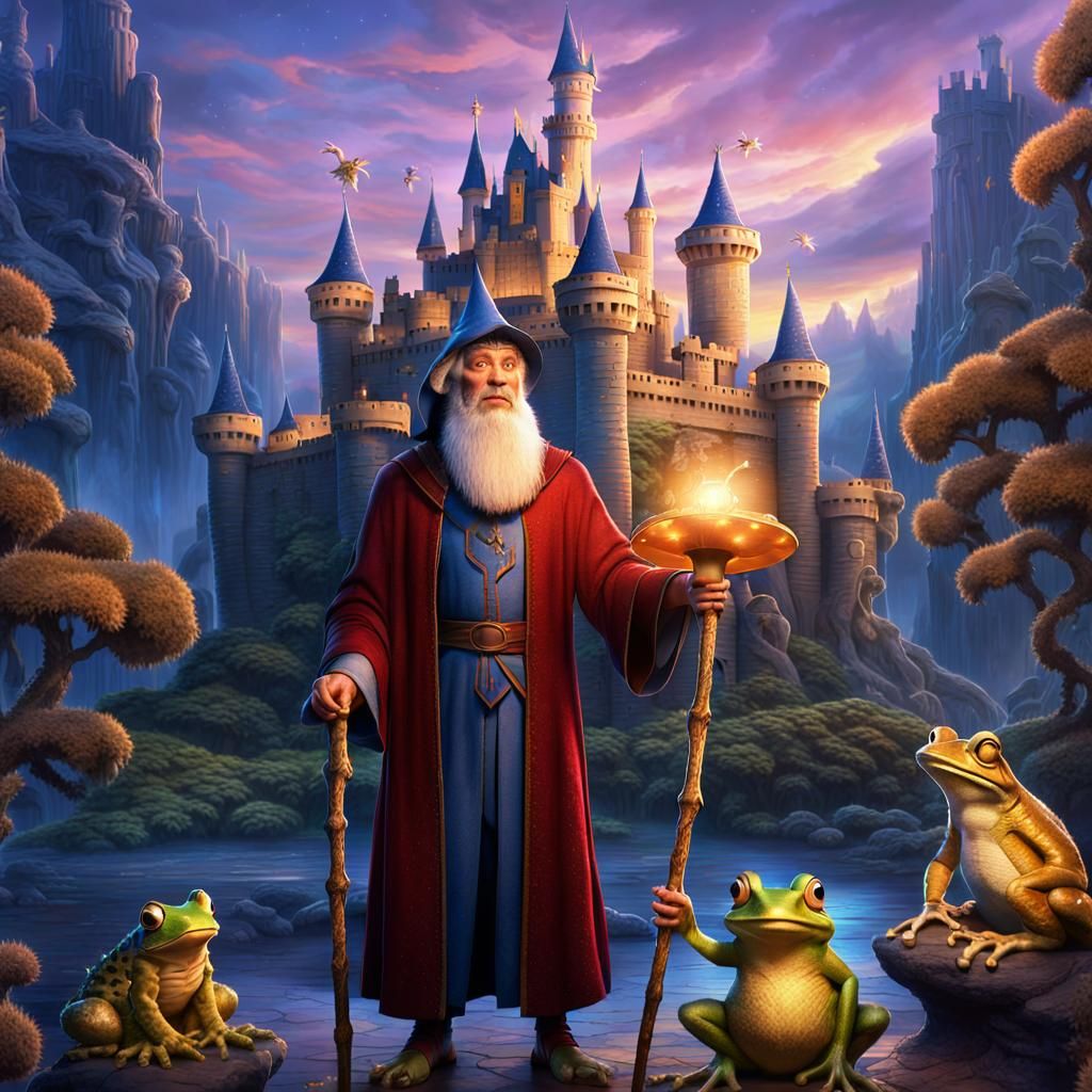 Disney-Inspired Sorcerer Standing Among Whimsical Creatures,...