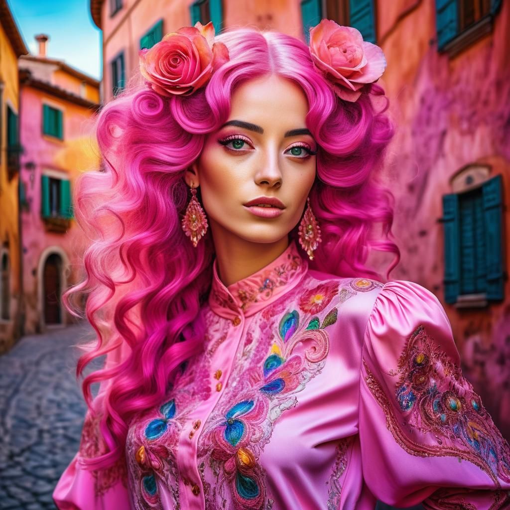 Italian Woman with Pink Hair, in Surreal Style