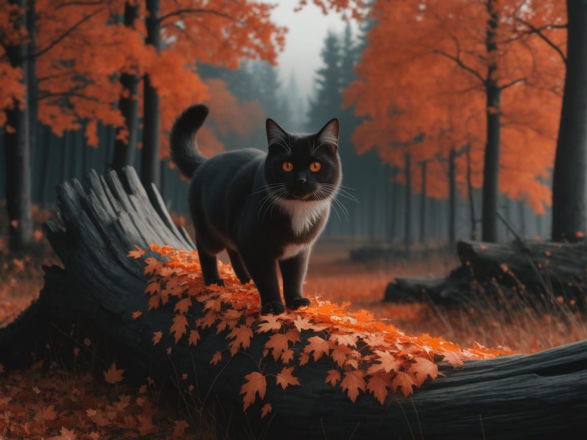 Black Cat in Autumn Forest Scene
