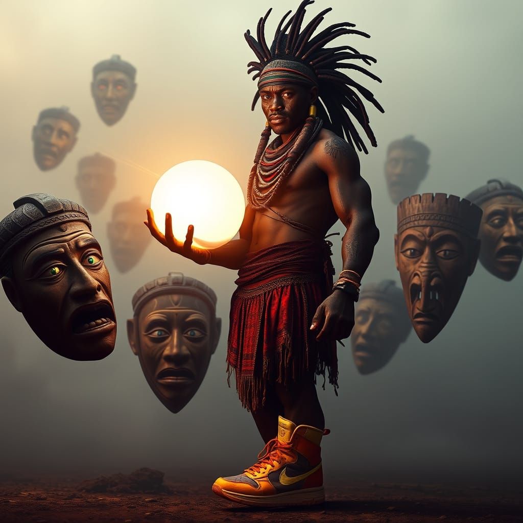 Afro-Futurist Warrior with Glowing Orb and Floating Masks