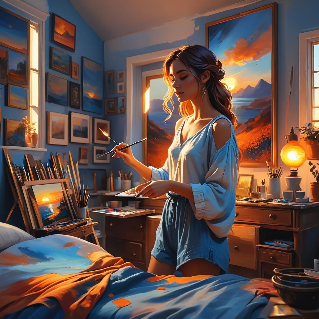 Girl's Sunset Oil Painting: Whimsical Fantasy Art