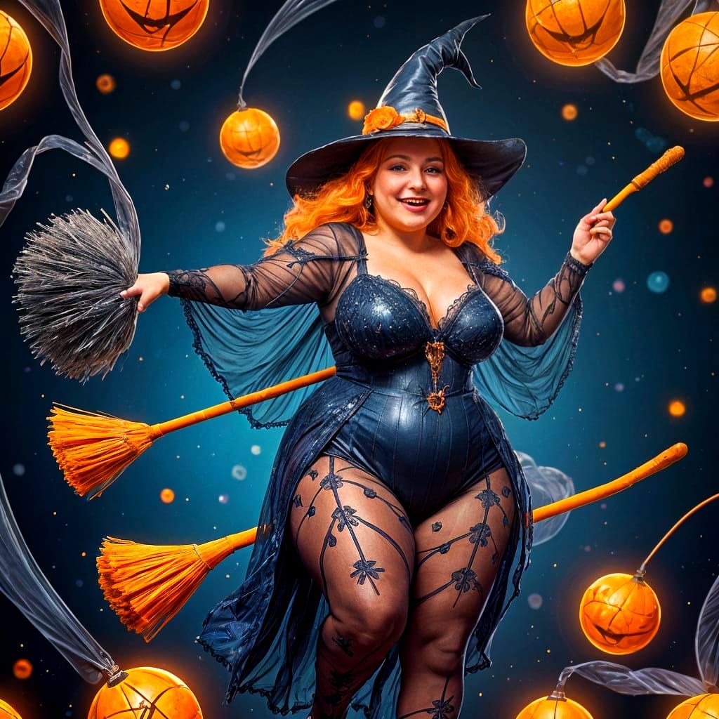 Chubby Mature Witch Flies on Broom in Fantasy Art