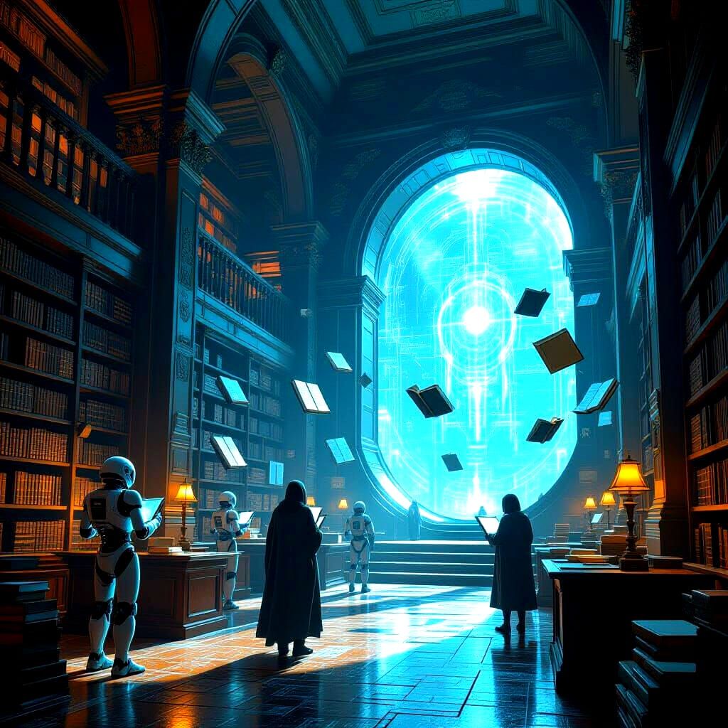 Ancient Library Portal to Future with Holographic Books