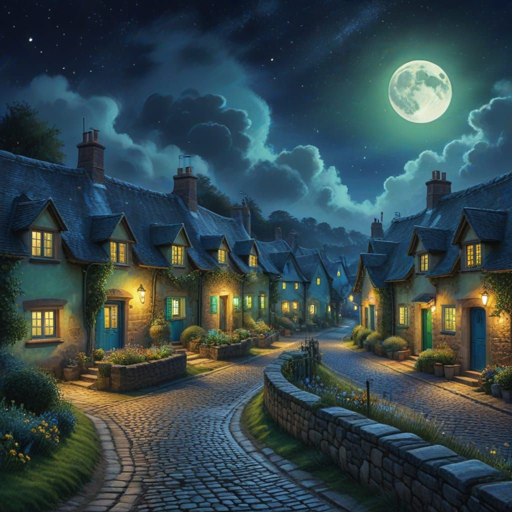 Enchanting Moonlit Village in Watercolor Style
