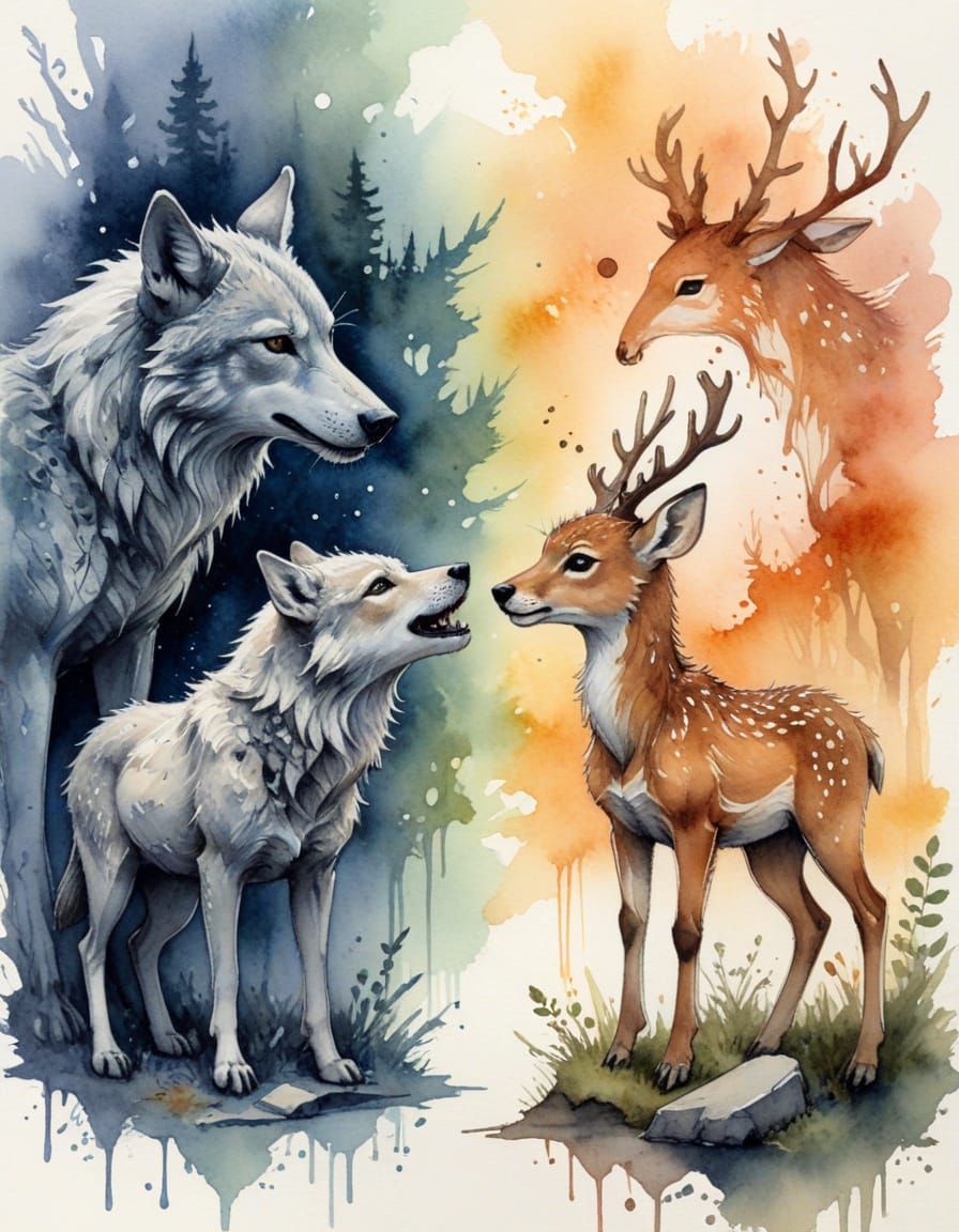 Dire Wolf and Fawn Sketch Art with Watercolor Wash