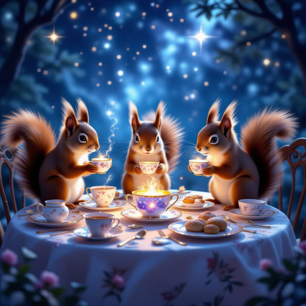 Celestial Tea Party with Squirrels, Detailed Concept Art