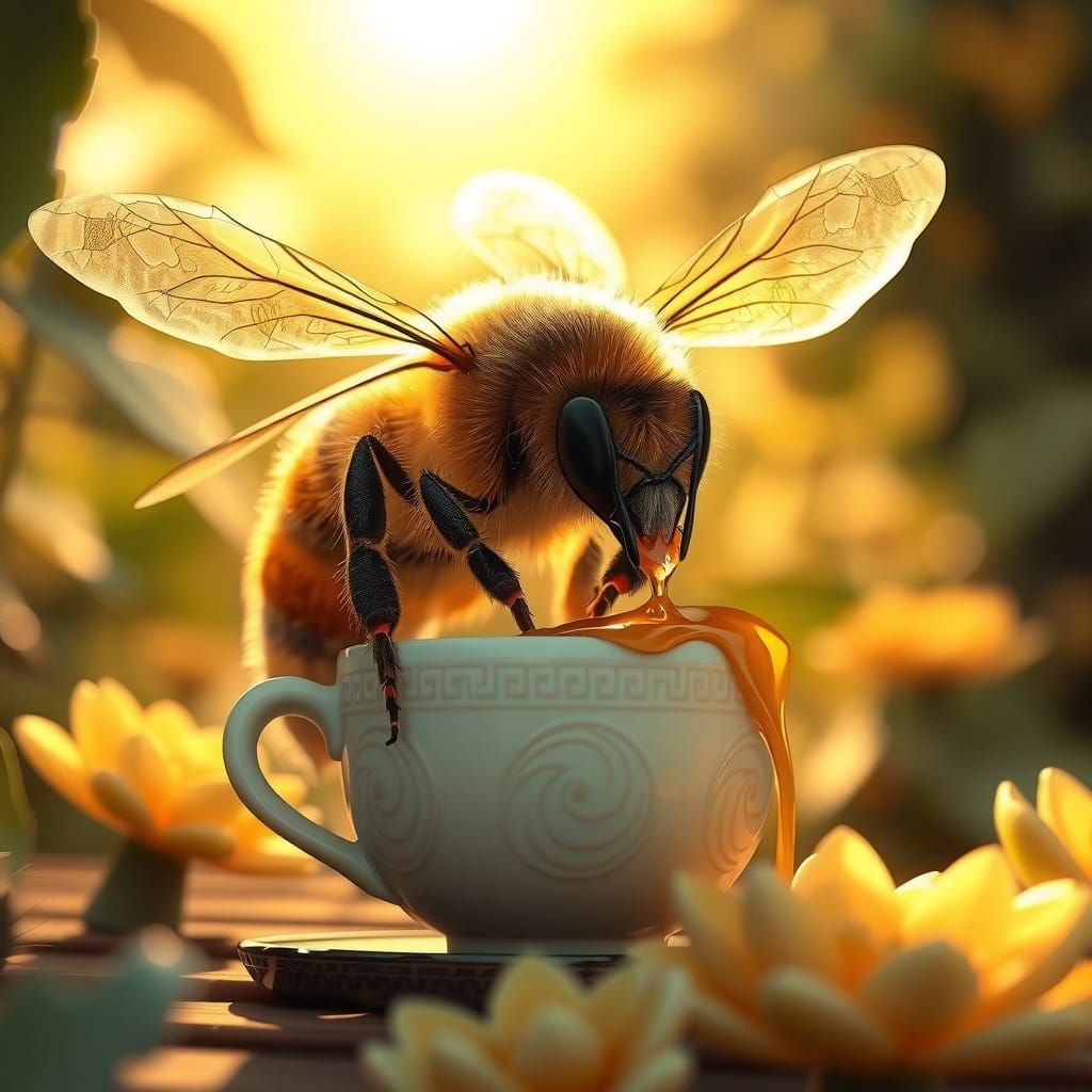 Regal Queen Bee in Sunlit Apiary, 3D Anime Style