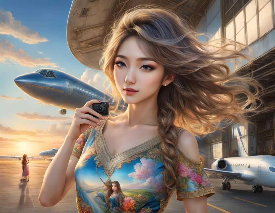 Anime Woman Captures Jet Plane Selfie, Volumetric