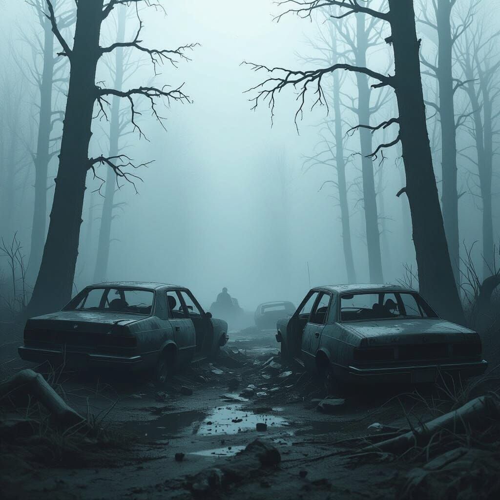 Eerie Forest Scene With Crashed Cars and Fog