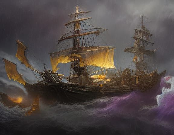 Ghost Ship Sails on Dark Ocean: Fantasy Art
