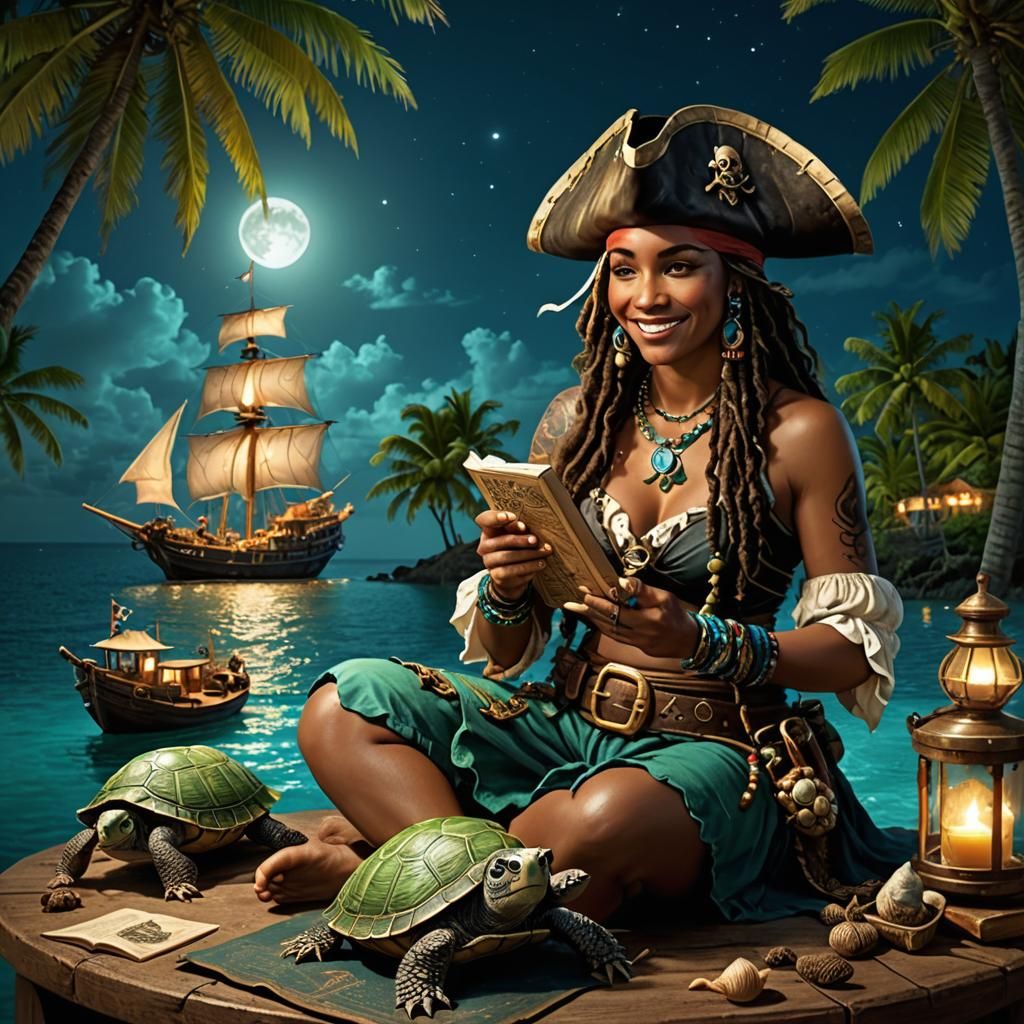 Indomitable Temptation: Pirate on a paradise island sitting close a turtle, full body, Fijian woman wearing outfit made ...
