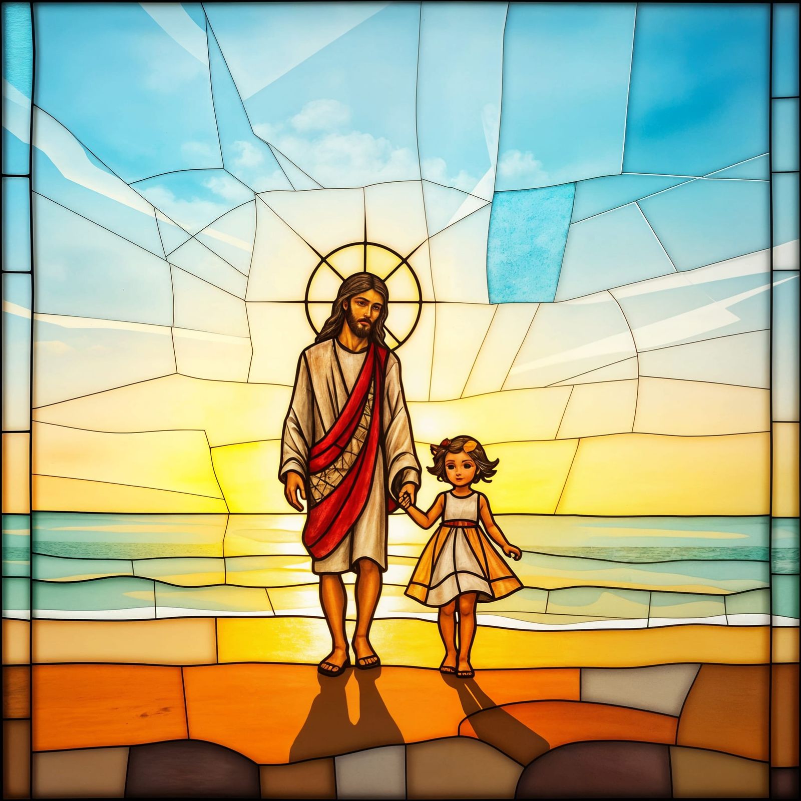Glowing Jesus Guides Two Children Along Beach in Vibrant Sta...