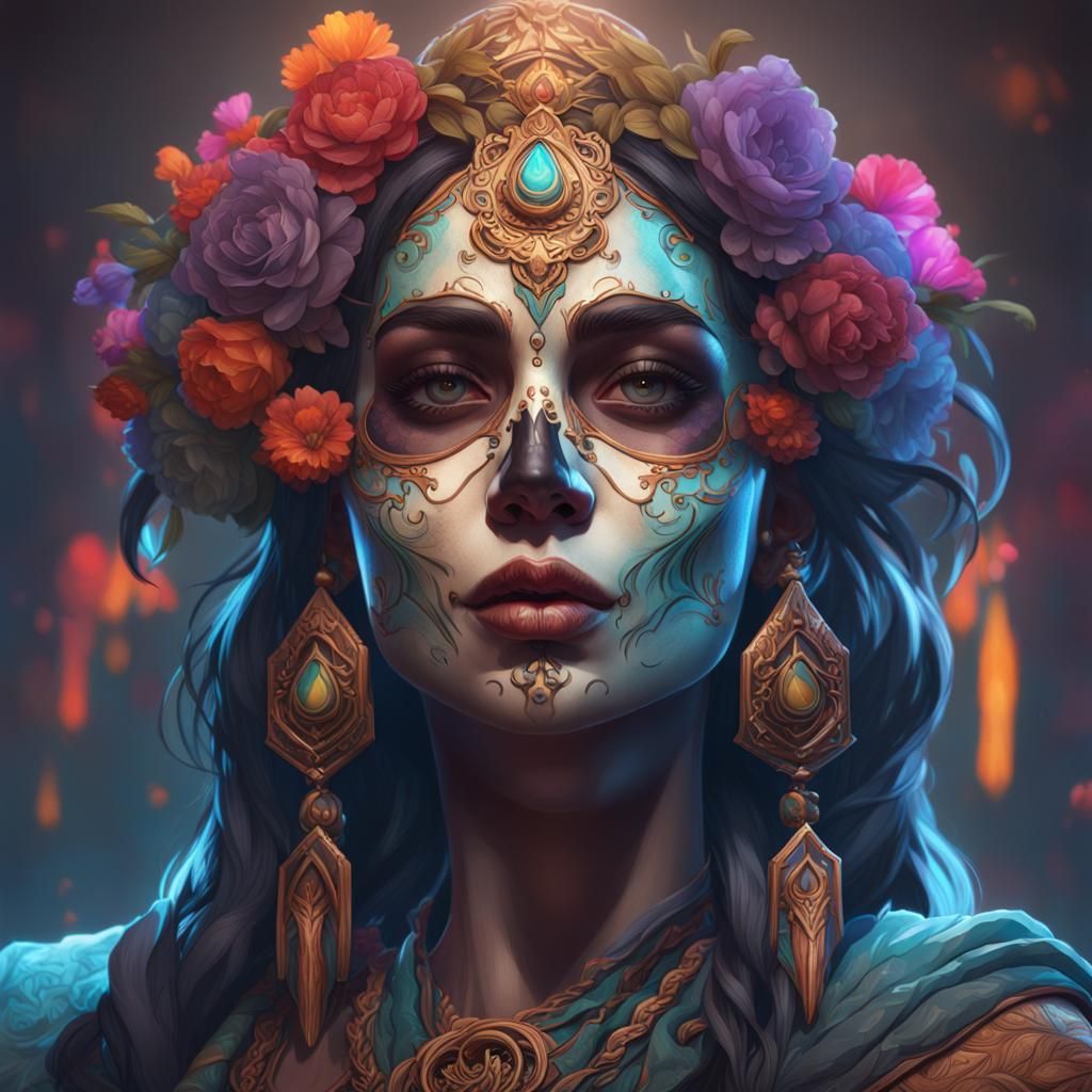 Muerte Portrait in Hyperdetailed Splash Art Style