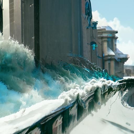 Waves Crash on City Building: Detailed Concept Art