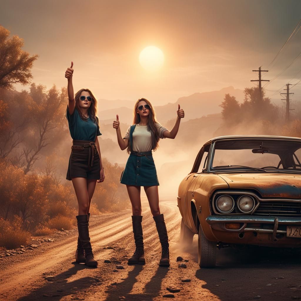 Hitchhiking Girls on Dusty Road: Fantasy Concept Art