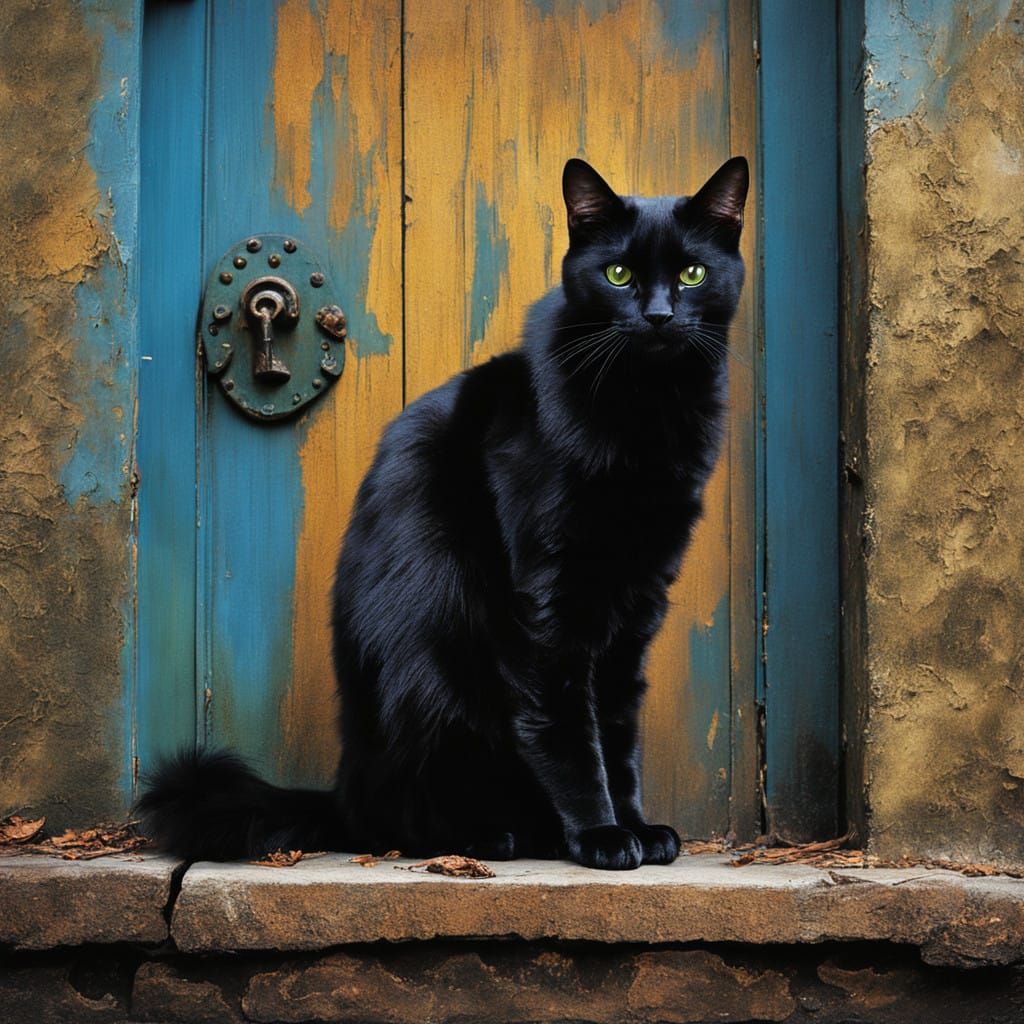 Regal Black Cat on Weathered Stone Step