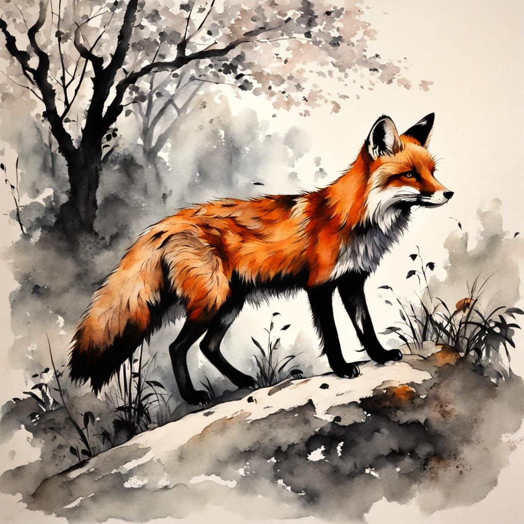 Fox in Enchanting Chinese Ink Painting